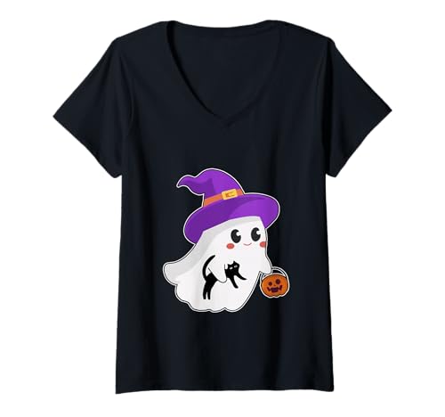 Damen Lustiger Halloween-Geist mit schwarzer Katze und Kürbis T-Shirt mit V-Ausschnitt Damen Lustiger Halloween-Geist mit schwarzer Katze und Kürbis T-Shirt mit V-Ausschnitt von Funny Halloween Cute Ghost Holding Black Cat tees