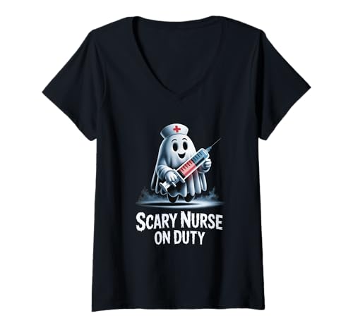 Damen Ghost Nurse Gruseliges Halloween Lustiges Gesundheit RN Stillkostüm T-Shirt mit V-Ausschnitt Damen Ghost Nurse Gruseliges Halloween Lustiges Gesundheit RN Stillkostüm T-Shirt mit V-Ausschnitt von Funny Halloween Cute Ghost Nurse Costume RN Team
