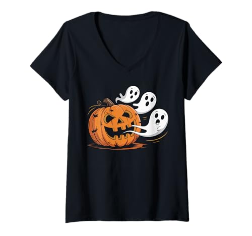 Damen Lustiger Halloween süßer Kürbis gruseliger Gamer isst Geist T-Shirt mit V-Ausschnitt Damen Lustiger Halloween süßer Kürbis gruseliger Gamer isst Geist T-Shirt mit V-Ausschnitt von Funny Halloween Cute Pumpkin Spooky Gamer Gifts
