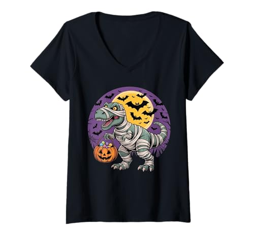 Damen Kinder Halloween Mama Dinosaurier Lustig Gruselig T Rex Halloween T-Shirt mit V-Ausschnitt von Funny Halloween Dinosaur Lover Gifts For Kids