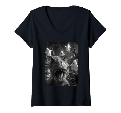 Damen Gruseliger T-Rex Selfie Geister Spukwald Halloween Dinosaurier T-Shirt mit V-Ausschnitt Damen Gruseliger T-Rex Selfie Geister Spukwald Halloween Dinosaurier T-Shirt mit V-Ausschnitt von Funny Halloween Dinosaurs Selfies Clothing