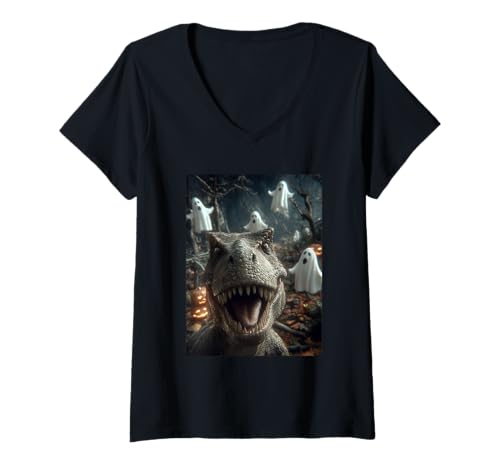 Damen Lustige T-Rex Selfie Geister Spukwald Halloween Dinosaurier T-Shirt mit V-Ausschnitt Damen Lustige T-Rex Selfie Geister Spukwald Halloween Dinosaurier T-Shirt mit V-Ausschnitt von Funny Halloween Dinosaurs Selfies Clothing