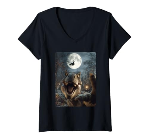Damen Lustiger T-Rex Selfie Vollmond Fliegende Hexe Dinosaurier Halloween T-Shirt mit V-Ausschnitt Damen Lustiger T-Rex Selfie Vollmond Fliegende Hexe Dinosaurier Halloween T-Shirt mit V-Ausschnitt von Funny Halloween Dinosaurs Selfies Clothing