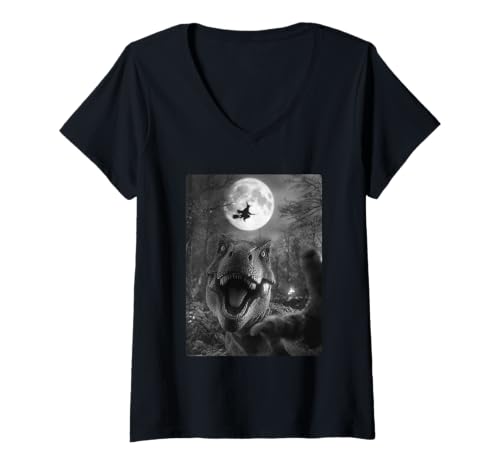 Damen Lustiger T-Rex Selfie Vollmond Fliegende Hexe Dinosaurier Halloween T-Shirt mit V-Ausschnitt Damen Lustiger T-Rex Selfie Vollmond Fliegende Hexe Dinosaurier Halloween T-Shirt mit V-Ausschnitt von Funny Halloween Dinosaurs Selfies Clothing