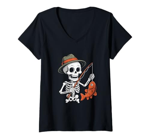 Damen Angeln Halloween Skelett T-Shirt mit V-Ausschnitt Damen Angeln Halloween Skelett T-Shirt mit V-Ausschnitt von Funny Halloween Fishing Costume
