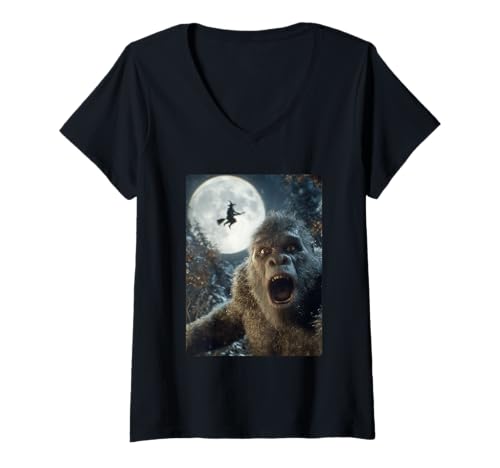 Damen Lustiges Bigfoot-Selfie-Halloween im fliegenden Hexenwald bei Vollmond T-Shirt mit V-Ausschnitt von Funny Halloween Forest Creature Selfies Clothing