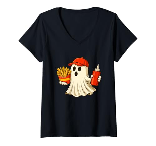 Damen French Fries Halloween Ghost Foodie Halloween Delivery Man T-Shirt mit V-Ausschnitt von Funny Halloween French Fries Novelty Tops ...