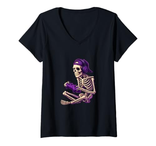 Damen Skeleton Gamer Halloween Gaming Spooky Halloween Video Games T-Shirt mit V-Ausschnitt Damen Skeleton Gamer Halloween Gaming Spooky Halloween Video Games T-Shirt mit V-Ausschnitt von Funny Halloween Gaming Gamer Novelty Tops