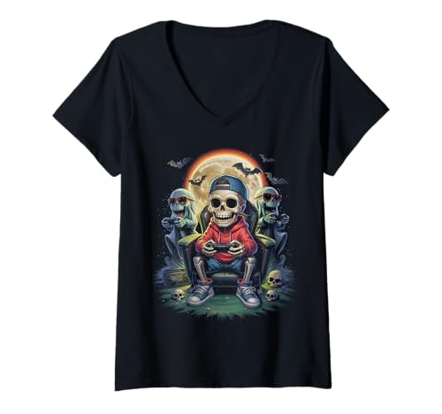 Damen Gruseliges Skelett Gamer Design für Teenager - Halloween Gaming T-Shirt mit V-Ausschnitt Damen Gruseliges Skelett Gamer Design für Teenager - Halloween Gaming T-Shirt mit V-Ausschnitt von Funny Halloween Gaming Gifts & Decoration
