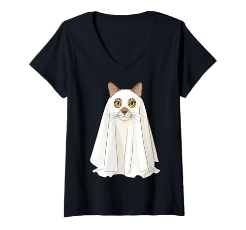 Damen Geisterkatze Meme Halloween süße Katze gekleidet in Geisterkostüm T-Shirt mit V-Ausschnitt Damen Geisterkatze Meme Halloween süße Katze gekleidet in Geisterkostüm T-Shirt mit V-Ausschnitt von Funny Halloween Ghost Cat Meme Shirts