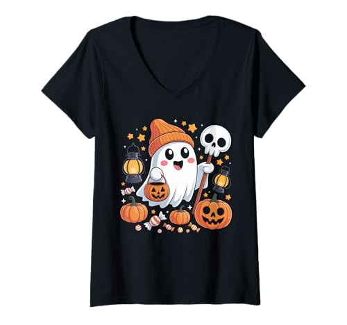 Damen Lustiger gruseliger Jahreszeit, Süßigkeitenkürbis, niedlicher Geist, Halloween, Kinder T-Shirt mit V-Ausschnitt Damen Lustiger gruseliger Jahreszeit, Süßigkeitenkürbis, niedlicher Geist, Halloween, Kinder T-Shirt mit V-Ausschnitt von Funny Halloween Ghost Costume Gifts Idea