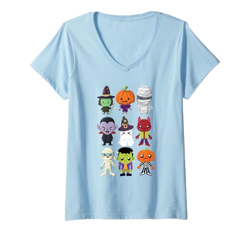 Damen Niedliche Halloween-Cartoon-Figuren, gruselige Kunst T-Shirt mit V-Ausschnitt Damen Niedliche Halloween-Cartoon-Figuren, gruselige Kunst T-Shirt mit V-Ausschnitt von Funny Halloween Ghost Costume Party Design