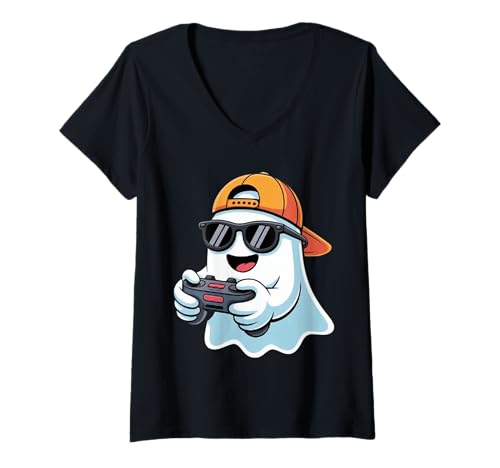Damen Niedlicher Halloween-Geist, der Videospiele spielt, lustig, gruseliges Spielen T-Shirt mit V-Ausschnitt Damen Niedlicher Halloween-Geist, der Videospiele spielt, lustig, gruseliges Spielen T-Shirt mit V-Ausschnitt von Funny Halloween Ghost Gamer Costume Gifts