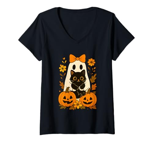 Damen Süßer Halloween-Geist hält Schwarze Katze Herbst Groovy Floral T-Shirt mit V-Ausschnitt Damen Süßer Halloween-Geist hält Schwarze Katze Herbst Groovy Floral T-Shirt mit V-Ausschnitt von Funny Halloween Ghost Holding Black Cat Autumn tee