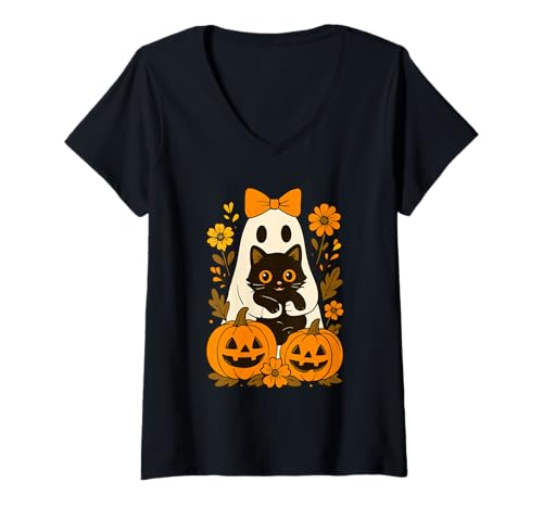 Damen Süßer Halloween-Geist hält Schwarze Katze Herbst Groovy Floral T-Shirt mit V-Ausschnitt Damen Süßer Halloween-Geist hält Schwarze Katze Herbst Groovy Floral T-Shirt mit V-Ausschnitt von Funny Halloween Ghost Holding Black Cat Autumn tee