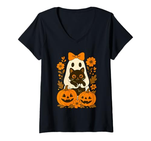 Damen Süßer Halloween-Geist im Vintage-Stil mit schwarzer Katze, Herbst, Herbst T-Shirt mit V-Ausschnitt Damen Süßer Halloween-Geist im Vintage-Stil mit schwarzer Katze, Herbst, Herbst T-Shirt mit V-Ausschnitt von Funny Halloween Ghost Holding Black Cat Autumn tee