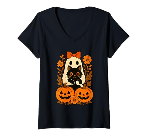 Damen Vintage Halloween Ghost Holding Black Cat Autumn Floral T-Shirt mit V-Ausschnitt Damen Vintage Halloween Ghost Holding Black Cat Autumn Floral T-Shirt mit V-Ausschnitt von Funny Halloween Ghost Holding Black Cat Autumn tee