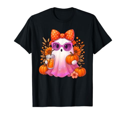 Niedlicher Geist trinkt Kaffee mit Halloween-Schleife für Frauen und Mädchen T-Shirt Niedlicher Geist trinkt Kaffee mit Halloween-Schleife für Frauen und Mädchen T-Shirt von Funny Halloween Ghost Retro Ice Coffee Apparel