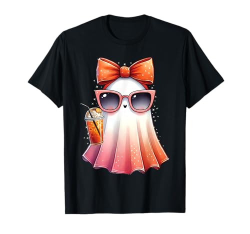 Niedlicher Geist trinkt Kaffee mit Halloween-Schleife für Frauen und Mädchen T-Shirt Niedlicher Geist trinkt Kaffee mit Halloween-Schleife für Frauen und Mädchen T-Shirt von Funny Halloween Ghost Retro Ice Coffee Apparel