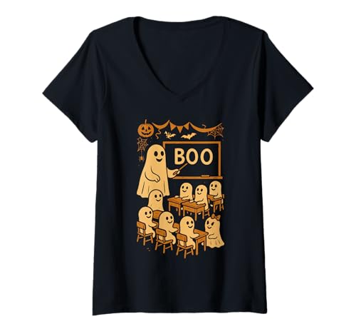 Damen Halloween-Geisterlehrer bringt Schülern im Klassenzimmer Boo bei T-Shirt mit V-Ausschnitt von Funny Halloween Ghost Teacher & Students Classroom