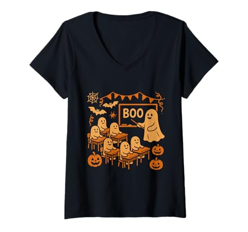 Damen Halloween-Geisterlehrer bringt Schülern im Klassenzimmer Boo bei T-Shirt mit V-Ausschnitt von Funny Halloween Ghost Teacher & Students Classroom