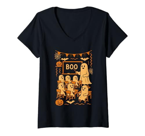 Damen Halloween-Geisterlehrer bringt Schülern im Klassenzimmer Boo bei T-Shirt mit V-Ausschnitt von Funny Halloween Ghost Teacher & Students Classroom