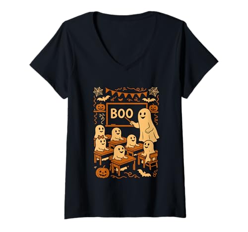 Damen Halloween-Geisterlehrer bringt Schülern im Klassenzimmer Boo bei T-Shirt mit V-Ausschnitt von Funny Halloween Ghost Teacher & Students Classroom