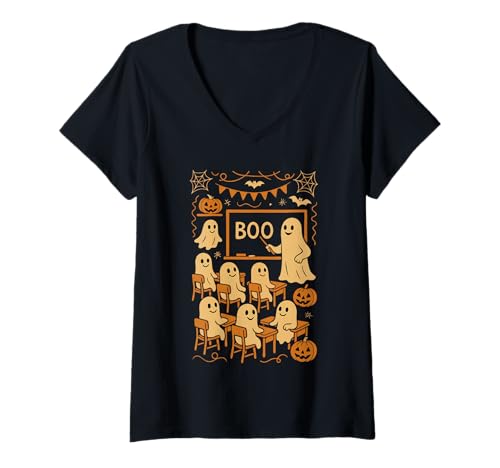 Damen Halloween-Geisterlehrer bringt Schülern im Klassenzimmer Boo bei T-Shirt mit V-Ausschnitt von Funny Halloween Ghost Teacher & Students Classroom