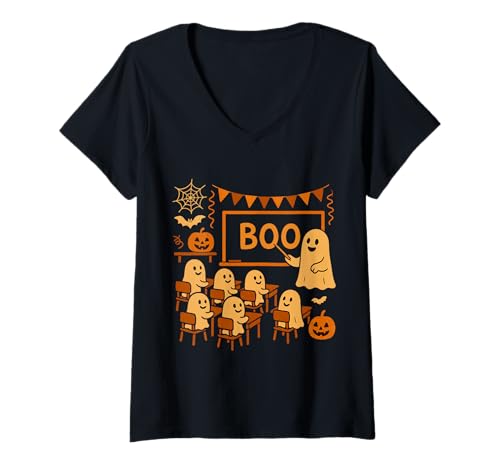 Damen Halloween-Geisterlehrer bringt Schülern im Klassenzimmer Boo bei T-Shirt mit V-Ausschnitt von Funny Halloween Ghost Teacher & Students Classroom