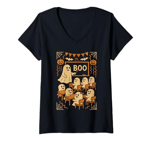 Damen Halloween-Geisterlehrer bringt Schülern im Klassenzimmer Boo bei T-Shirt mit V-Ausschnitt von Funny Halloween Ghost Teacher & Students Classroom