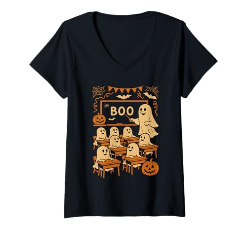 Damen Halloween-Geisterlehrer bringt Schülern im Klassenzimmer Boo bei T-Shirt mit V-Ausschnitt von Funny Halloween Ghost Teacher & Students Classroom