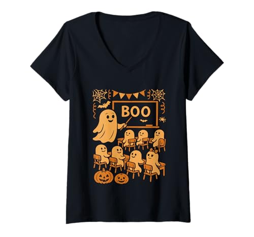 Damen Halloween-Geisterlehrer bringt Schülern im Klassenzimmer Boo bei T-Shirt mit V-Ausschnitt von Funny Halloween Ghost Teacher & Students Classroom