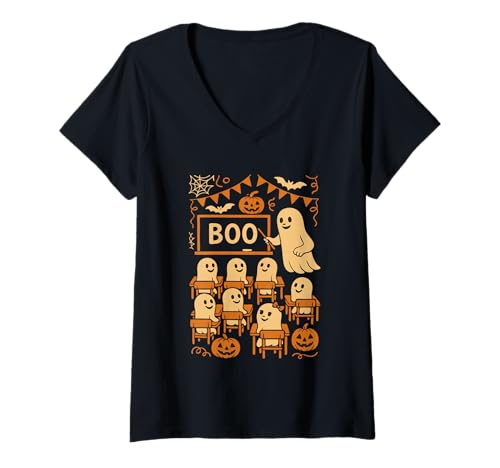 Damen Lustiger Halloween-Geisterlehrer, der Schüler im Klassenzimmer lehrt T-Shirt mit V-Ausschnitt von Funny Halloween Ghost Teacher & Students Classroom