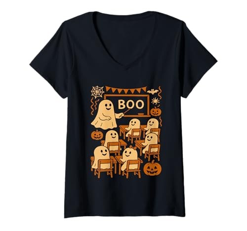 Damen Lustiger Halloween-Geisterlehrer, der Schüler im Klassenzimmer lehrt T-Shirt mit V-Ausschnitt von Funny Halloween Ghost Teacher & Students Classroom