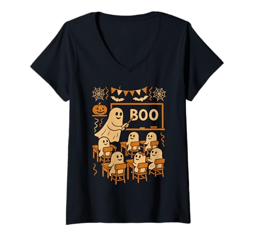 Damen Lustiger Halloween-Geisterlehrer, der Schüler im Klassenzimmer lehrt T-Shirt mit V-Ausschnitt von Funny Halloween Ghost Teacher & Students Classroom