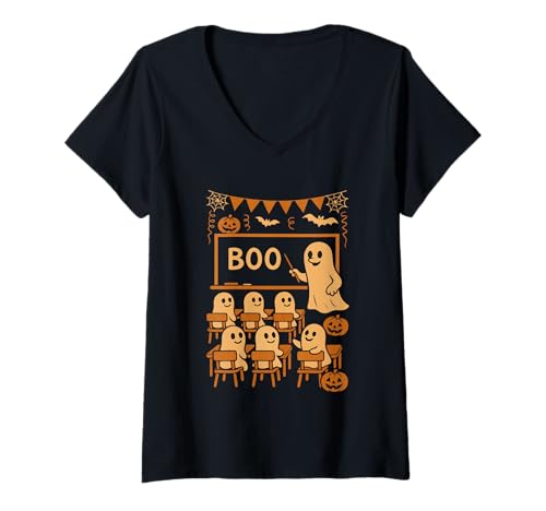 Damen Lustiger Halloween-Geisterlehrer, der Schüler im Klassenzimmer lehrt T-Shirt mit V-Ausschnitt von Funny Halloween Ghost Teacher & Students Classroom