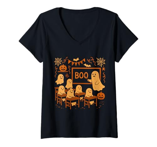 Damen Lustiger Halloween-Geisterlehrer, der Schüler im Klassenzimmer lehrt T-Shirt mit V-Ausschnitt von Funny Halloween Ghost Teacher & Students Classroom