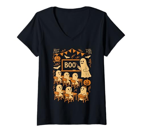 Damen Lustiger Halloween-Geisterlehrer, der Schüler im Klassenzimmer lehrt T-Shirt mit V-Ausschnitt von Funny Halloween Ghost Teacher & Students Classroom