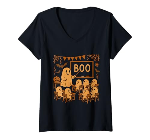 Damen Lustiger gruseliger Geisterlehrer Klassenzimmer Halloween Teaching Boo T-Shirt mit V-Ausschnitt von Funny Halloween Ghost Teacher & Students Classroom