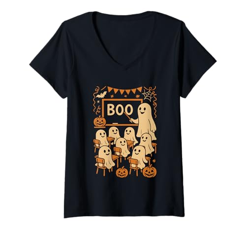 Damen Lustiger gruseliger Geisterlehrer Klassenzimmer Halloween Teaching Boo T-Shirt mit V-Ausschnitt von Funny Halloween Ghost Teacher & Students Classroom