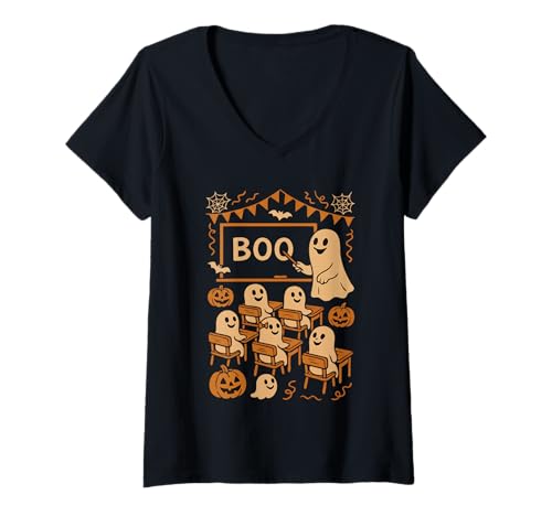 Damen Lustiger gruseliger Geisterlehrer Klassenzimmer Halloween Teaching Boo T-Shirt mit V-Ausschnitt von Funny Halloween Ghost Teacher & Students Classroom