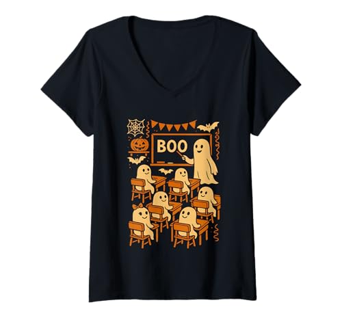 Damen Lustiger gruseliger Geisterlehrer Klassenzimmer Halloween Teaching Boo T-Shirt mit V-Ausschnitt von Funny Halloween Ghost Teacher & Students Classroom