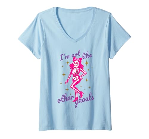 Damen Halloween Rosa Schleife Kokette Ghul Geistermädchen Skelett T-Shirt mit V-Ausschnitt Damen Halloween Rosa Schleife Kokette Ghul Geistermädchen Skelett T-Shirt mit V-Ausschnitt von Funny Halloween Ghouls for Aesthetic Trendy Girls