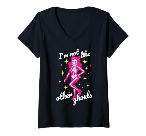 Damen Halloween Rosa Schleife Kokette Ghul Geistermädchen Skelett T-Shirt mit V-Ausschnitt Damen Halloween Rosa Schleife Kokette Ghul Geistermädchen Skelett T-Shirt mit V-Ausschnitt von Funny Halloween Ghouls for Aesthetic Trendy Girls