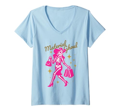Damen Lustiges Halloween Boo-JEE Geist Einkaufen Rosa Skelett T-Shirt mit V-Ausschnitt Damen Lustiges Halloween Boo-JEE Geist Einkaufen Rosa Skelett T-Shirt mit V-Ausschnitt von Funny Halloween Ghouls for Aesthetic Trendy Girls