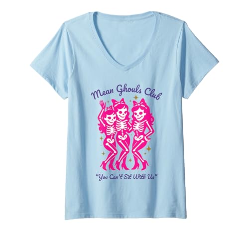Damen Lustiges Halloween rosa Schleife Skelettmädchen Ghule Club T-Shirt mit V-Ausschnitt Damen Lustiges Halloween rosa Schleife Skelettmädchen Ghule Club T-Shirt mit V-Ausschnitt von Funny Halloween Ghouls for Aesthetic Trendy Girls
