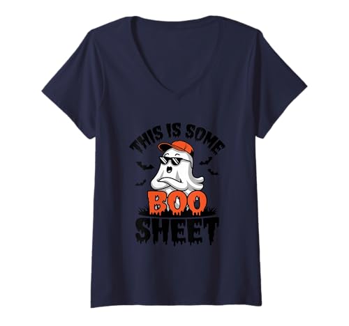 Damen Lustiges Halloween-Geisterboo Blatt T-Shirt mit V-Ausschnitt von Funny Halloween Ghouls