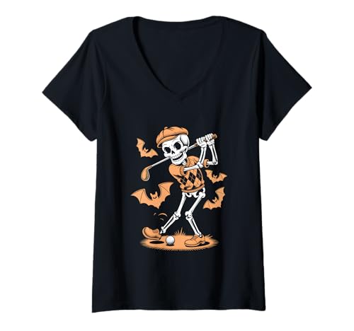 Damen Skelett Golf Halloween T-Shirt mit V-Ausschnitt Damen Skelett Golf Halloween T-Shirt mit V-Ausschnitt von Funny Halloween Golf Costume