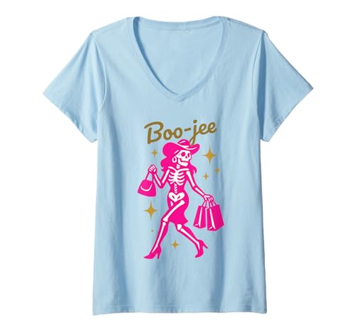 Damen Boo-JEE Boojee Lustige Halloween Shopping-Geist Rosa Skelett T-Shirt mit V-Ausschnitt von Funny Halloween Hauntings for Spooky Witchy Girls
