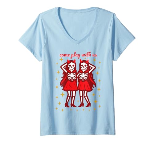 Damen Geisterzwillinge gruselige Teufelsmädchen Halloween T-Shirt mit V-Ausschnitt von Funny Halloween Hauntings for Spooky Witchy Girls